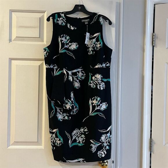 A Pea in the Pod Maternity Dress L Black Floral Sleeveless Belted - Picture 1 of 8